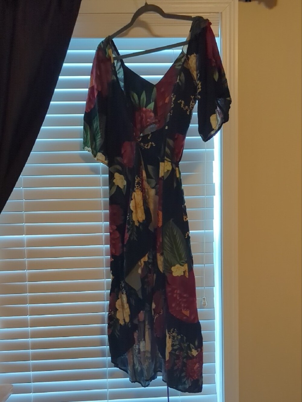Floral Wrap Midi Dress in Black with Red & Yellow Blooms - Picture 6 of 6